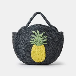 Fashion pineapple Pattern Straw Women Handbags Round Corn Husk Woven Hand Bags Handmade Summer Beach Bag Large Tote Purses 2023