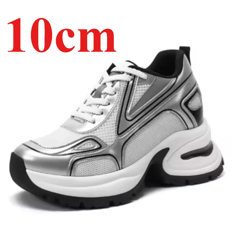 Silvery Chunky Sneakers for Women's 10cm Elevator Shoes Genuine Leather Mesh Thick Soled Height Increasing Casual Sports Shoes