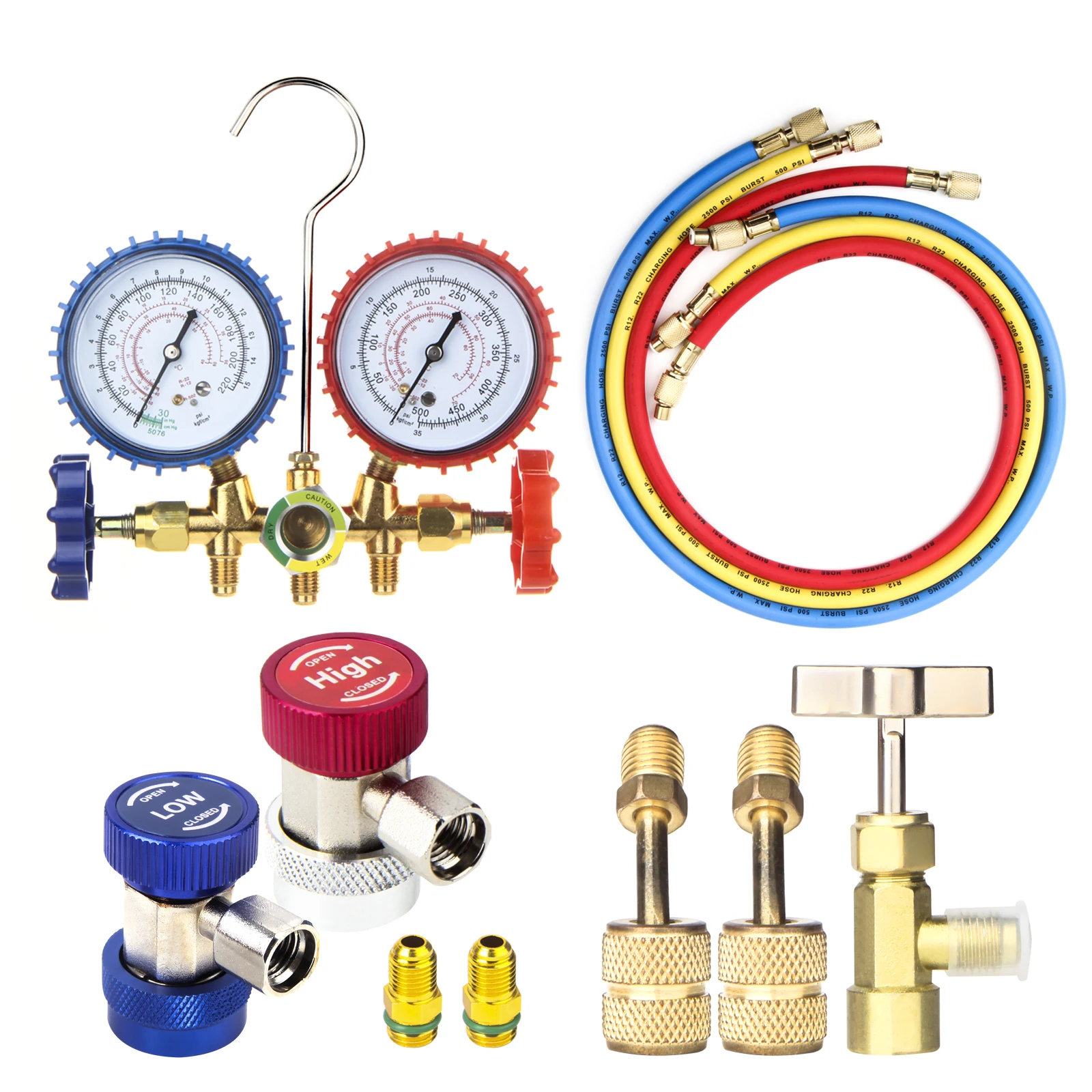 New Air Conditioning Pressure Gauge with Hose and Hook 3 Way AC Diagnostic Manifold Gauge Set for Freon For R12 R22 R404A R134a