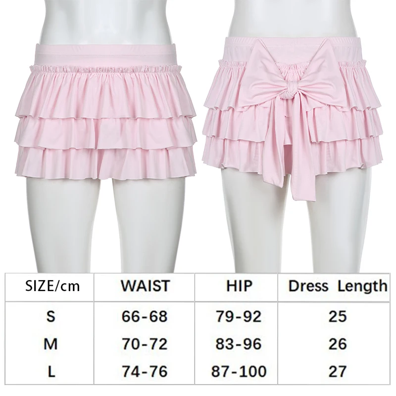 Japanese Sweet Low-waisted Mini Skirt Pink Back Bow Tiered Ruffle A-line Skirts Kawaii Lolita Style Multi Layered Skirt