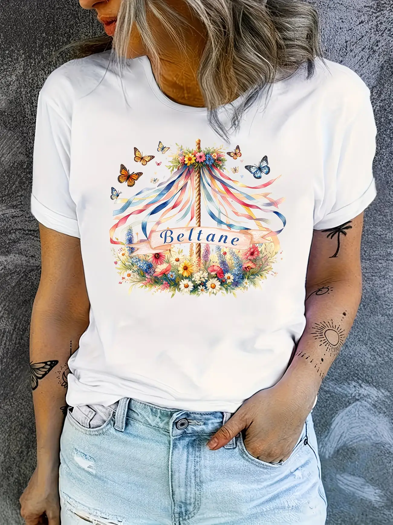 

Plus size women's short sleeve T-shirt Beltane Maypole Butterflies Flowers Ribbons Everyday comfortable and versatile style