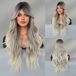 PARK YUN Heat Resistant Synthetic Natural Ash Wigs Dark Roots For Women Daily Use Loose Wave Gradient Beige Wig with Neat Bangs