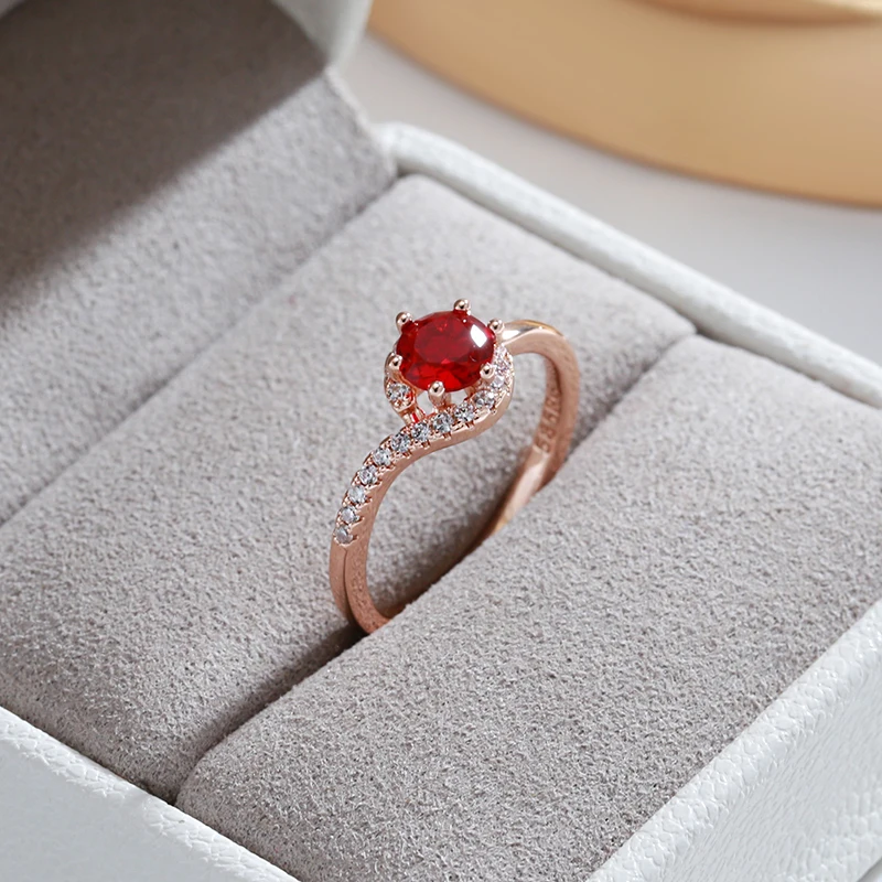 Kinel Hot Trend 585 Rose Gold Color Wedding Ring for Women Round Red Natural Zircon Accessories Daily Fine Jewelry Crystal Gift