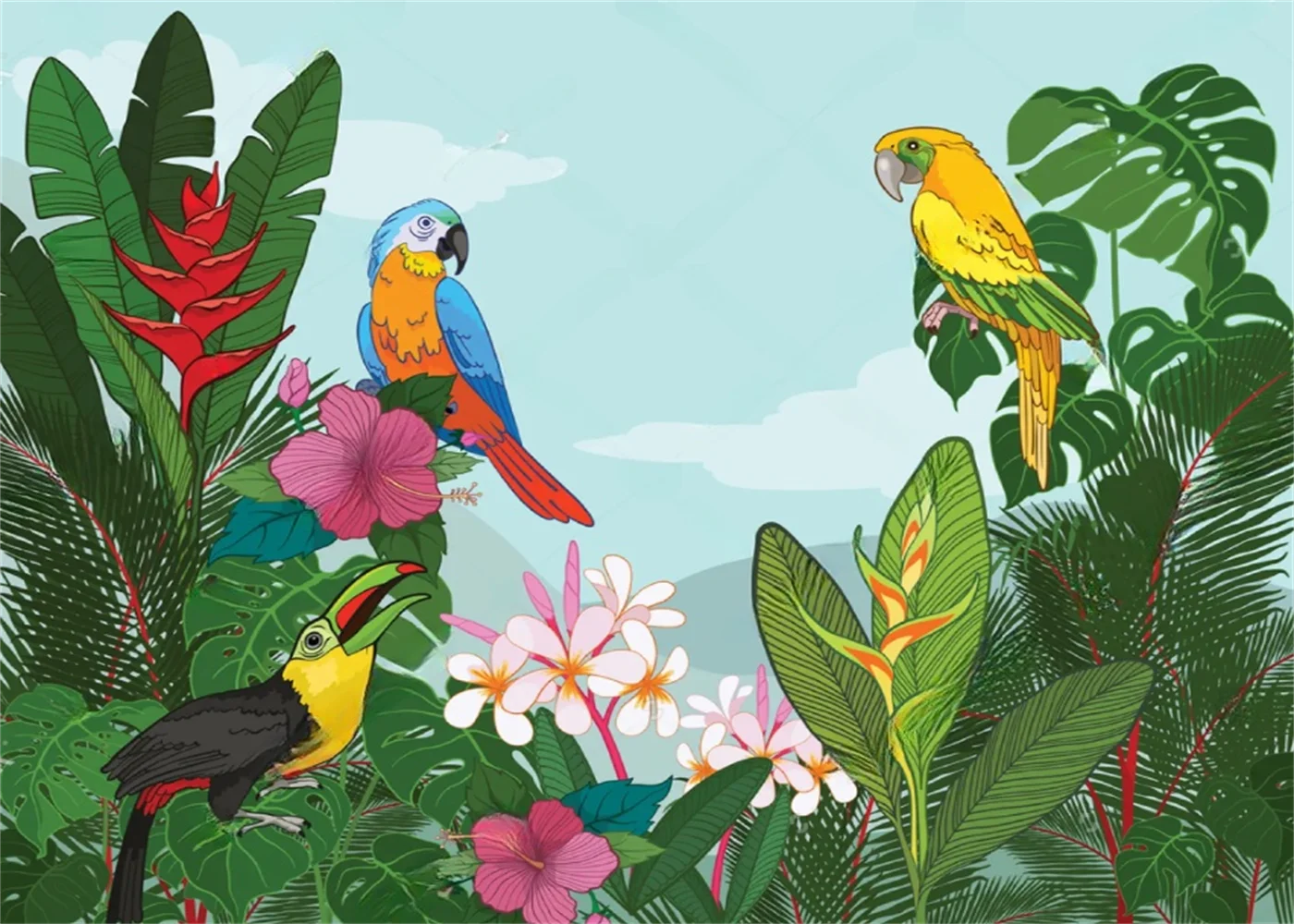 Customized mural of tropical rainforest plants, leaves, wallpaper, rainforest animals, big billed birds, parrots, wall paintings