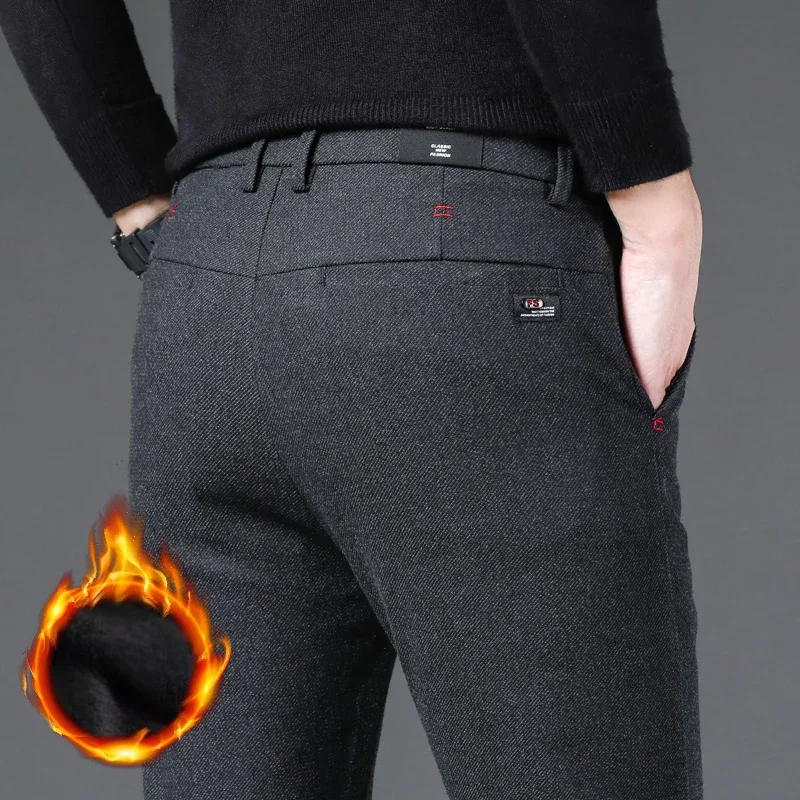 

Зимние теплые флисовые повседневные брюки, мужские прямые модные тонкие утепленные брюки, бархатные брюки для молодых мужчин, брендовая одежда, размер 28-38