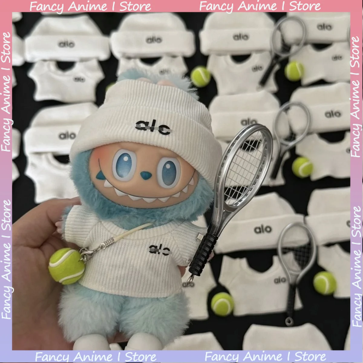 ل V1 V2 V3 Labubu دمية صغيرة تنس الرياضة الحركة نمط الملابس مع كرة صغيرة ومضرب الزي مجموعة الإكسسوارات الهدايا