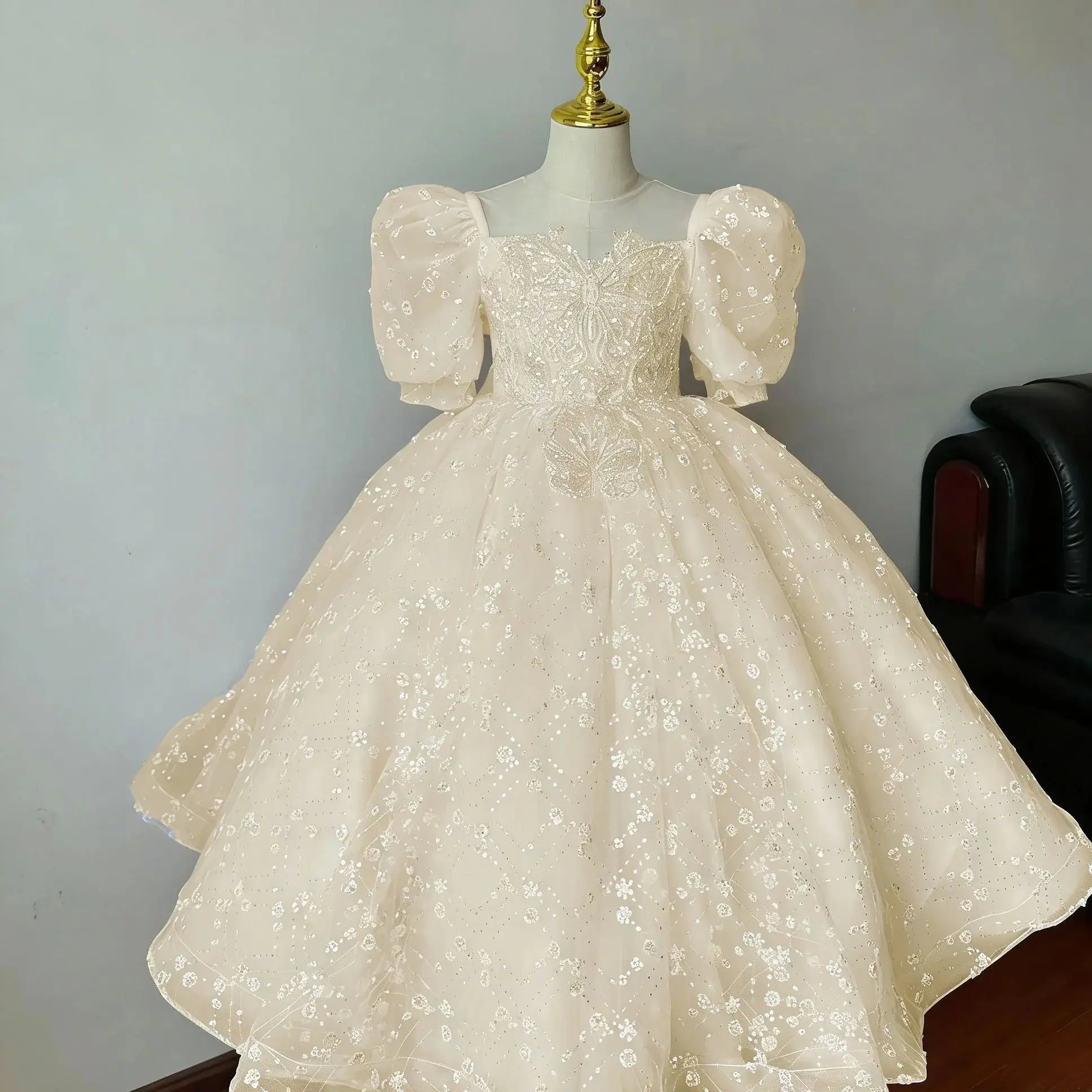 فستان فتاة الزهور اللامع المخصص لحفلات الزفاف نصف كم ترتر مطرز للأطفال حفلة عيد ميلاد أول مناولة فستاين سهرة/فساتين الحفلات