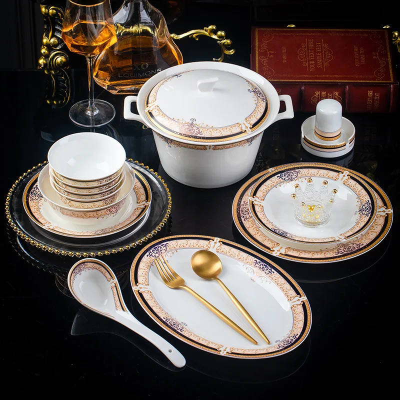 

Gold texture 6 10 person hotel Dinnerware set Bone China tableware set Microwave safe