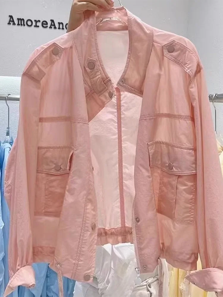 Casaco Casual Leve de Verão para Mulheres em Seda Gelada com Proteção UV, Estilo Novo com Gola  e F de Zíper de Manga...