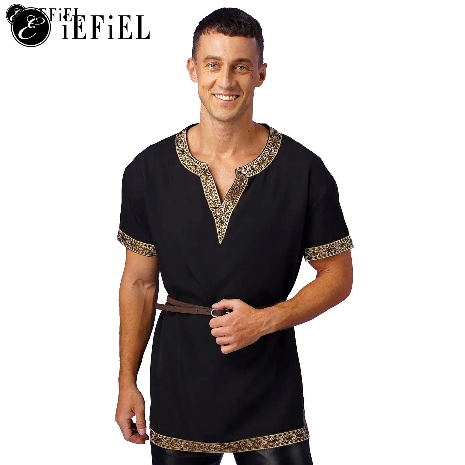 Adult  Men Viking Pirate Medieval Costume Short Sleeve V Neckline Tunic Top with Belt Roman Warrior Wrestling Garment