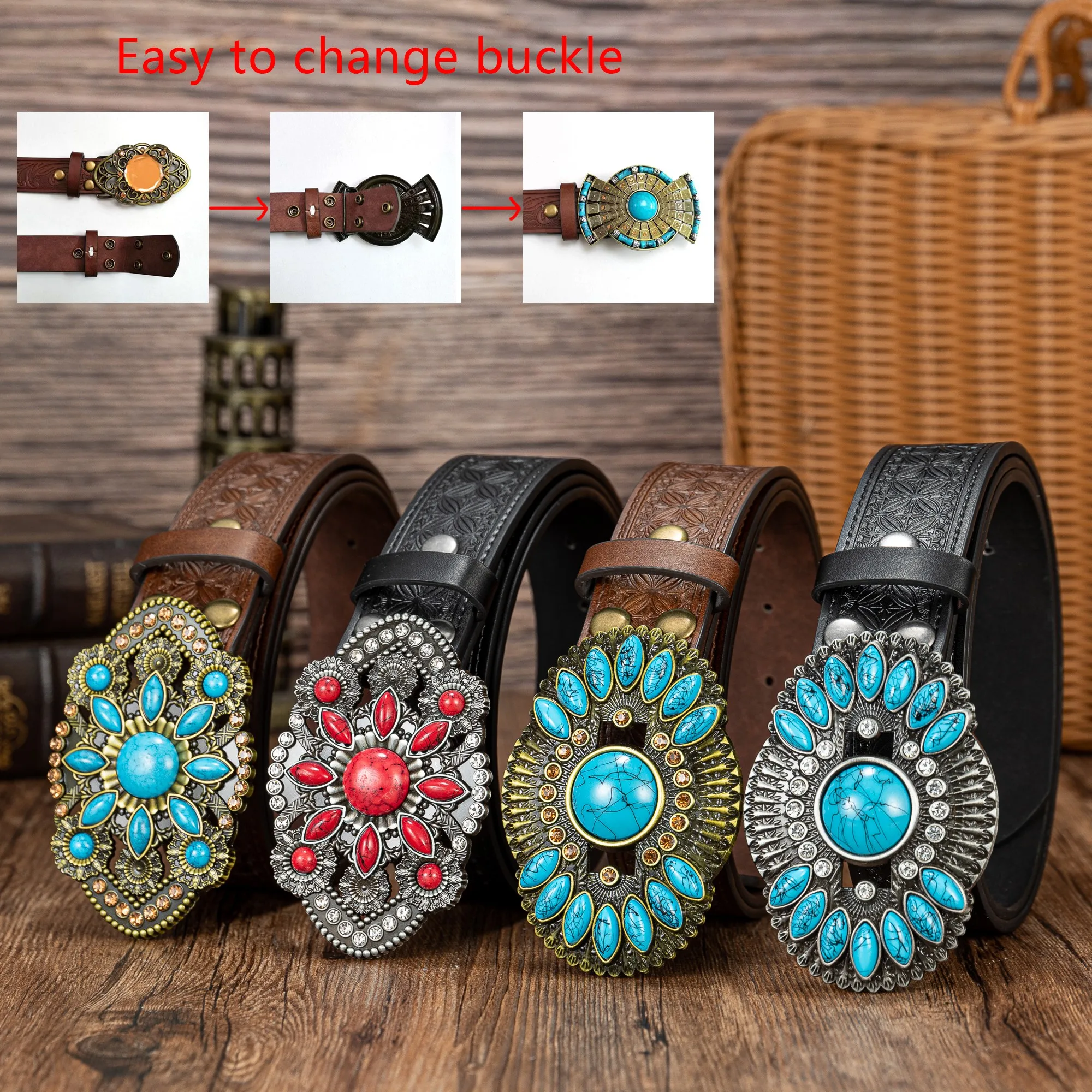 Red sapphire sun flower symmetrical feather big plate buckle trend 100 lap window cut PU embossed button belt