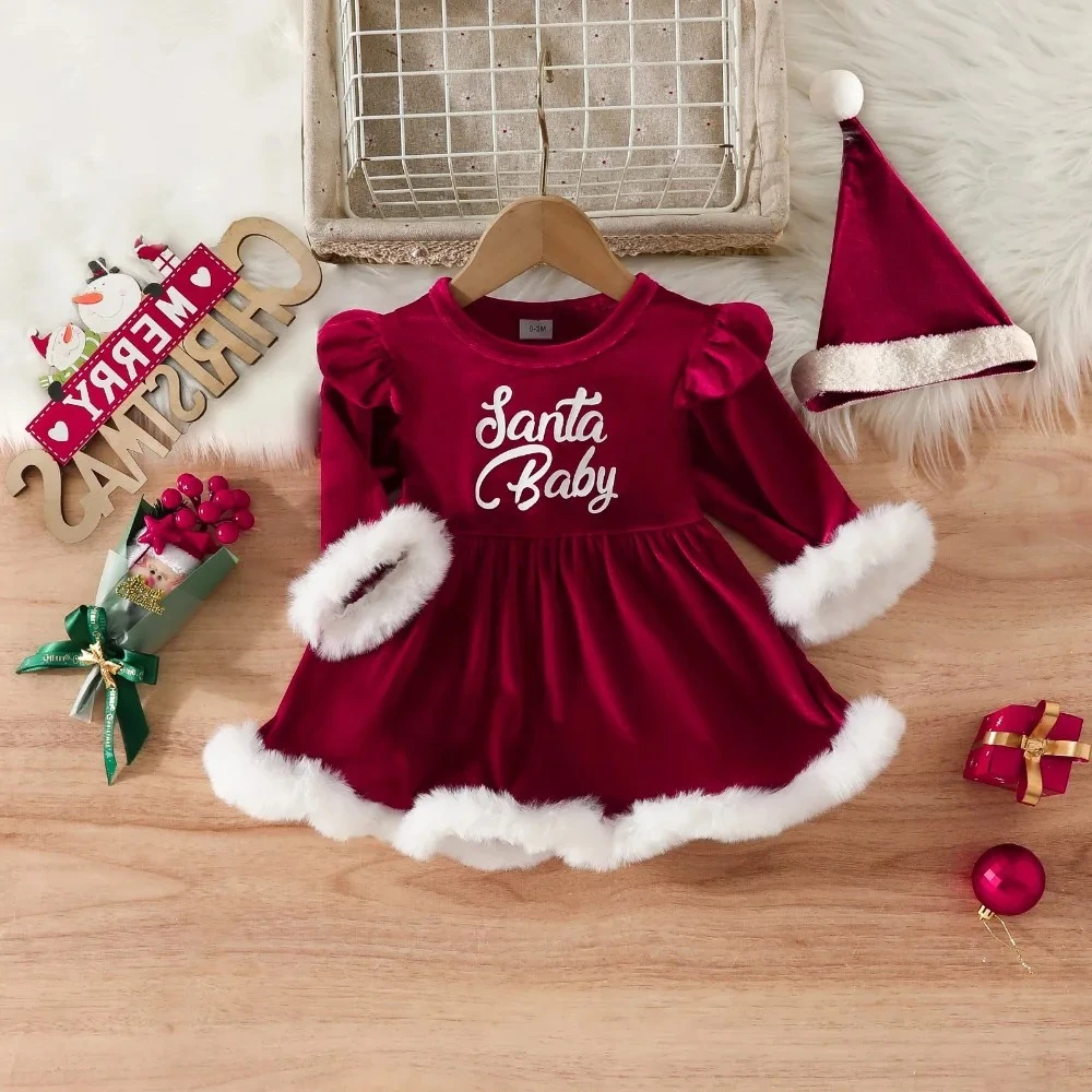 

0-2 Years Old Red Dress Christmas Baby Clothing Autumn and Winter New Letter Printed Long Sleeved Plush Cuffs Girls' Dresses