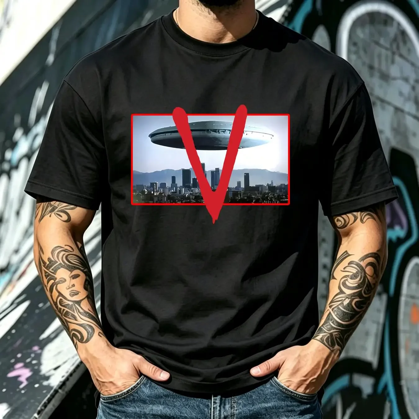 washed T Shirt V Visitors Mothership 1980s Retro Sci Fi NBC 1983 Aliens long or short sleeves vintage Washed Casual fashion