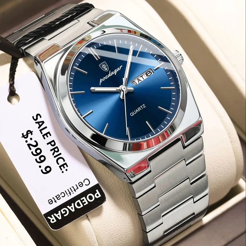 POEDAGAR Merk Luxe Quartz Man Horloge Sport Mannen Horloges Waterdicht Datum Week Rvs heren Horloge Mannelijke Reloj + Box