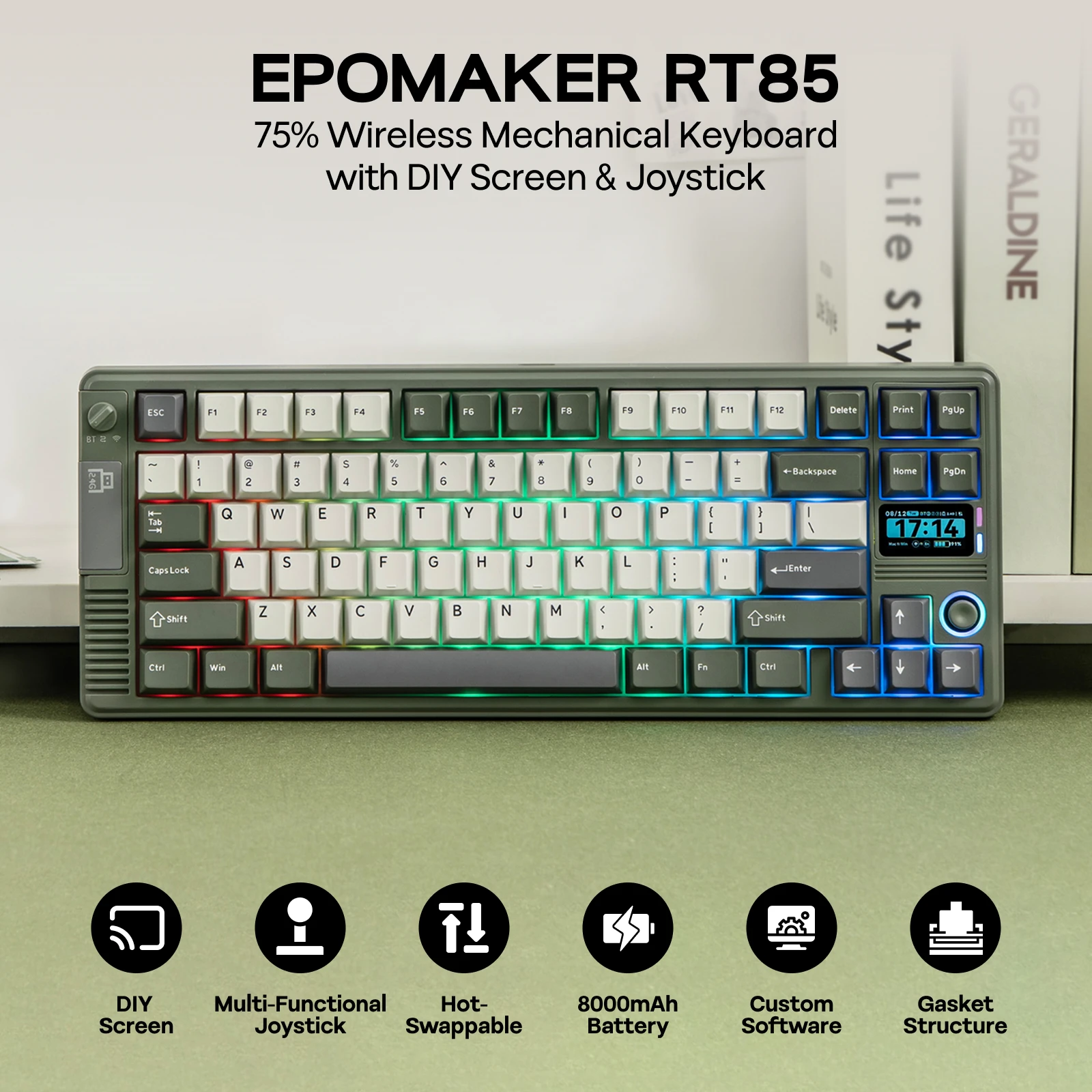 

EPOMAKER RT85 75% ANSI US Layout Прокладка Проводная/BT/2,4 ГГц Беспроводная механическая клавиатура с экраном «сделай сам» и джойстиком Аккумулятор 8000 мАч