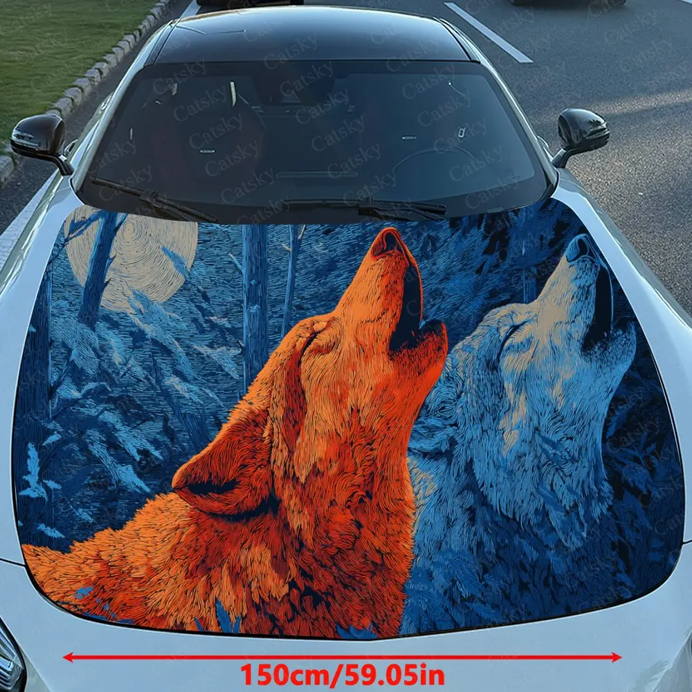 Car Decal Howling Wolf Duo with Contrasting Color Gradient in Nature-Inspired Design, Creating a Bold and Artistic Visual Car Ho