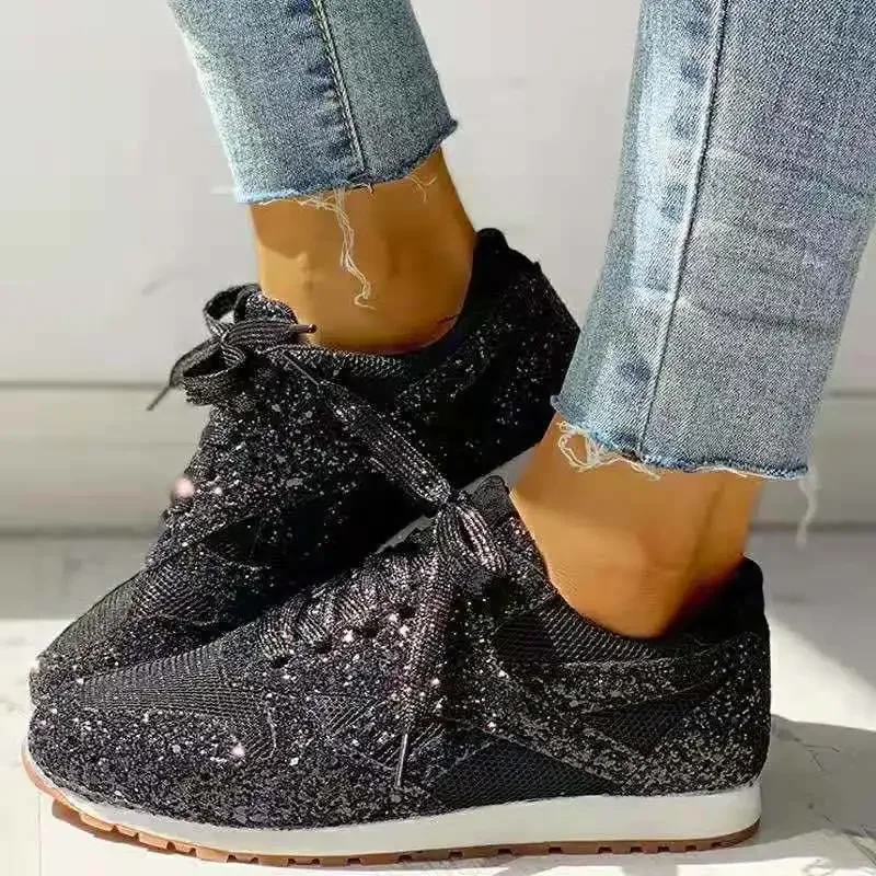 Women Flat Glitter Sneakers Casual Bling Vulcanized Shoes Female Mesh Lace Up Platform Comfort Plus Size Fashion Ladies Autumn