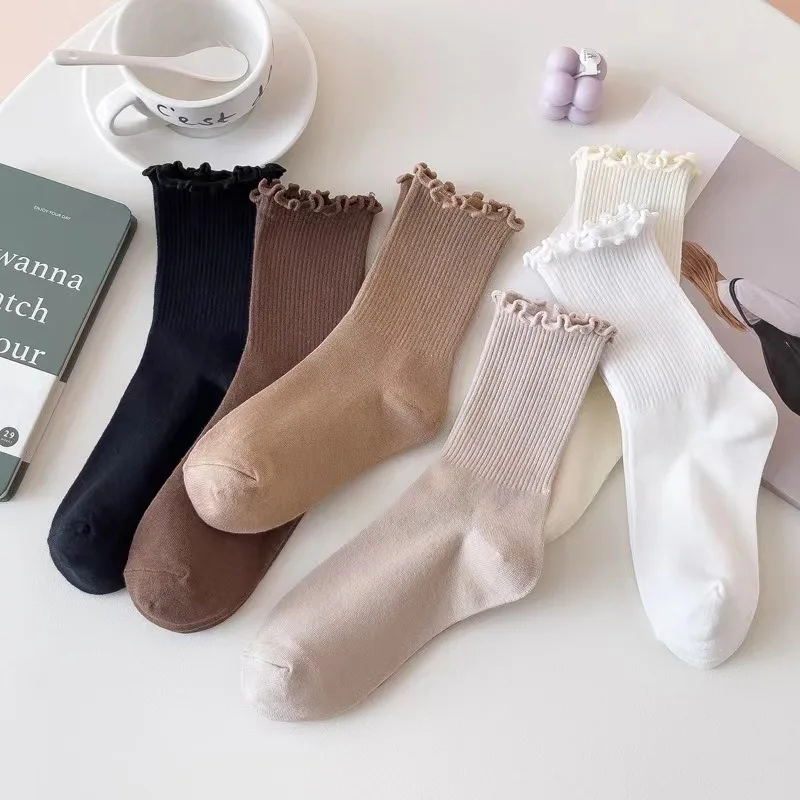 6 Pairs Long Tube Spring and Autumn Style Ear Edge Stacked Women's Socks College Style Solid Color Sweet Girl Middle Tube Socks