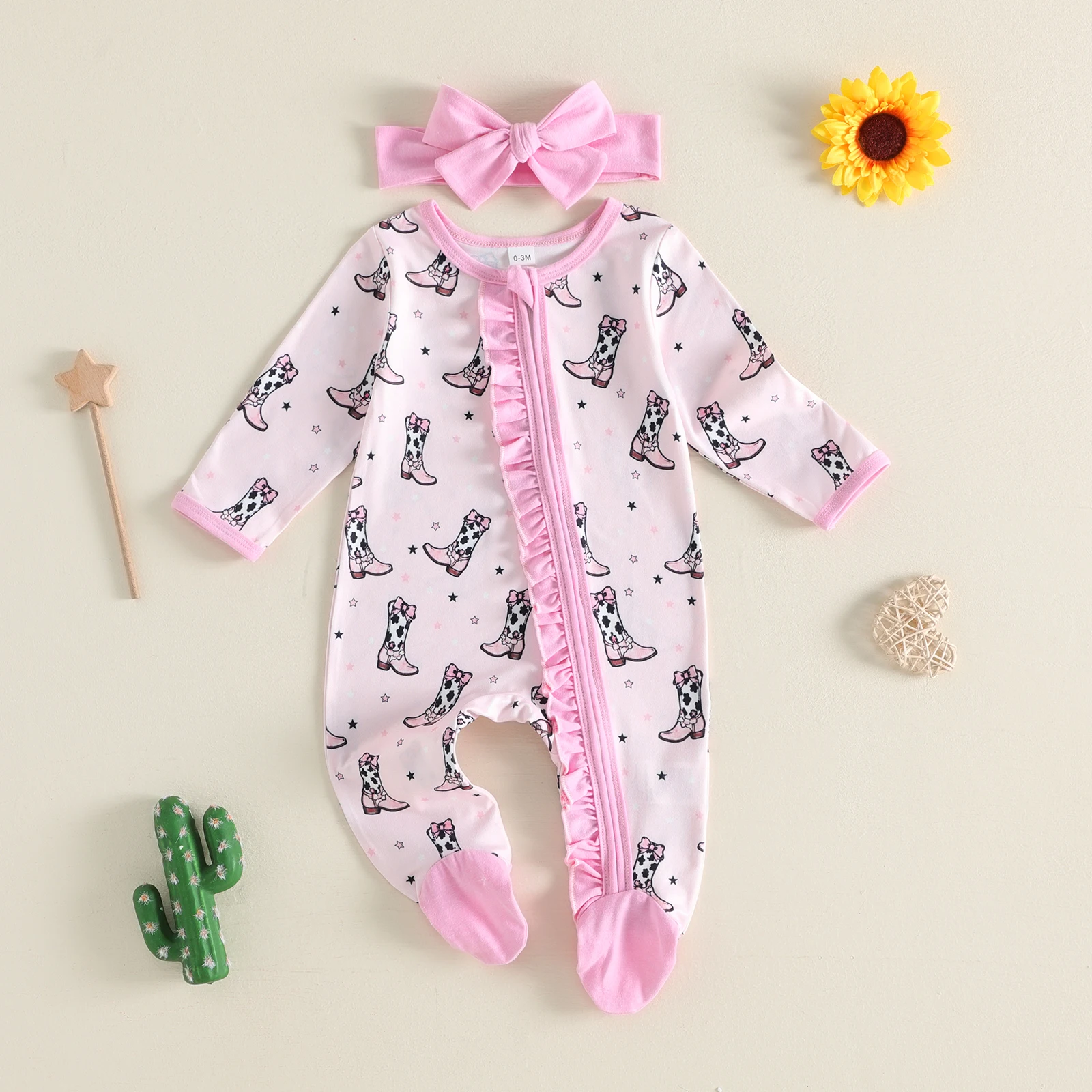 Baby Girls Fall Ruffles Rompers Outfit Long Sleeve Crew Neck Boots Print Footies Jumpsuits Headband
