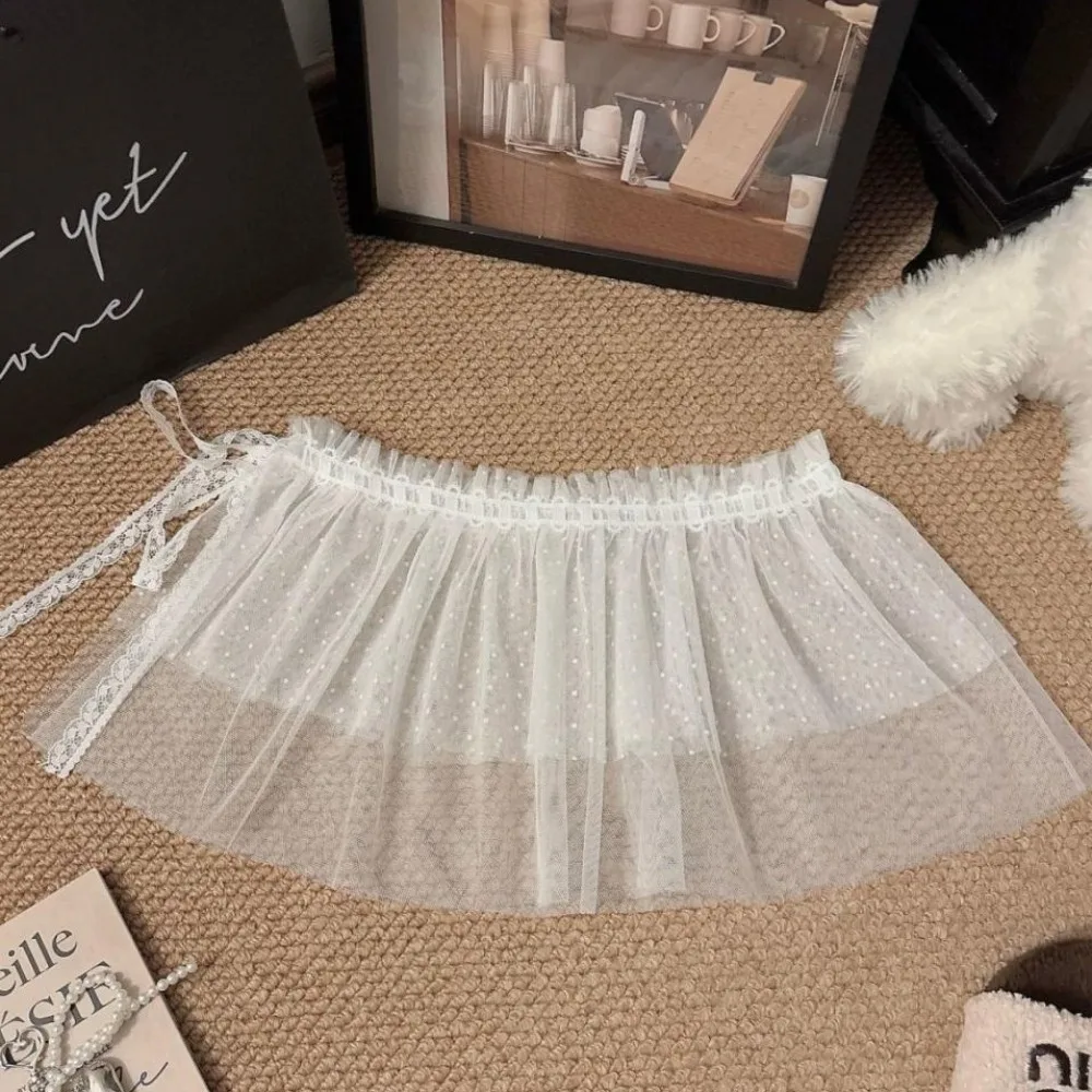 Elegante minigonna in pizzo Y2k Gonna corta in garza stile coreano Gonna con bordo arricciato a vita alta con lacci da donna
