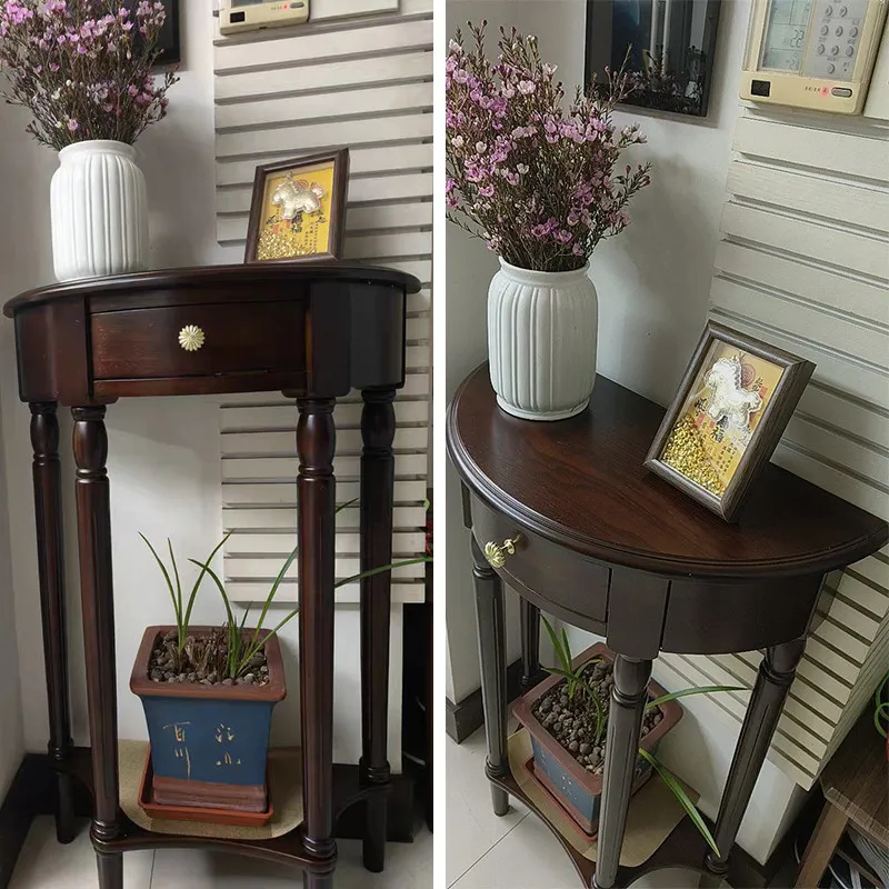 Narrow Solid Wood Half Round Console Table European Entryway Side Cabinet Decorative Accent Stand Slim Corridor Divider Desk