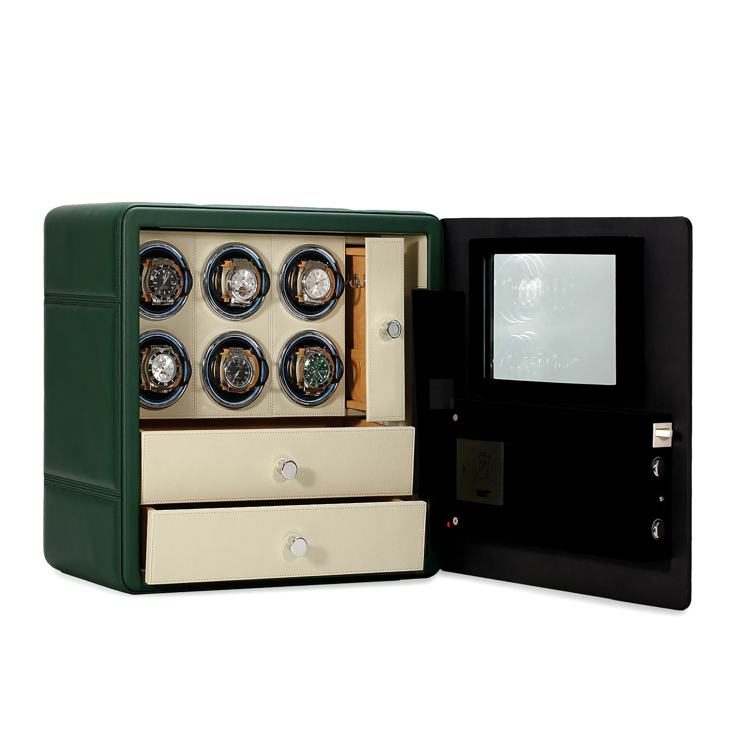 6 Rotors Automatic Watch Winder Safe with 8 Storage Pillows LCD Touch Control Green Leather Watch Shaker Jewelry Cabinet Drawer