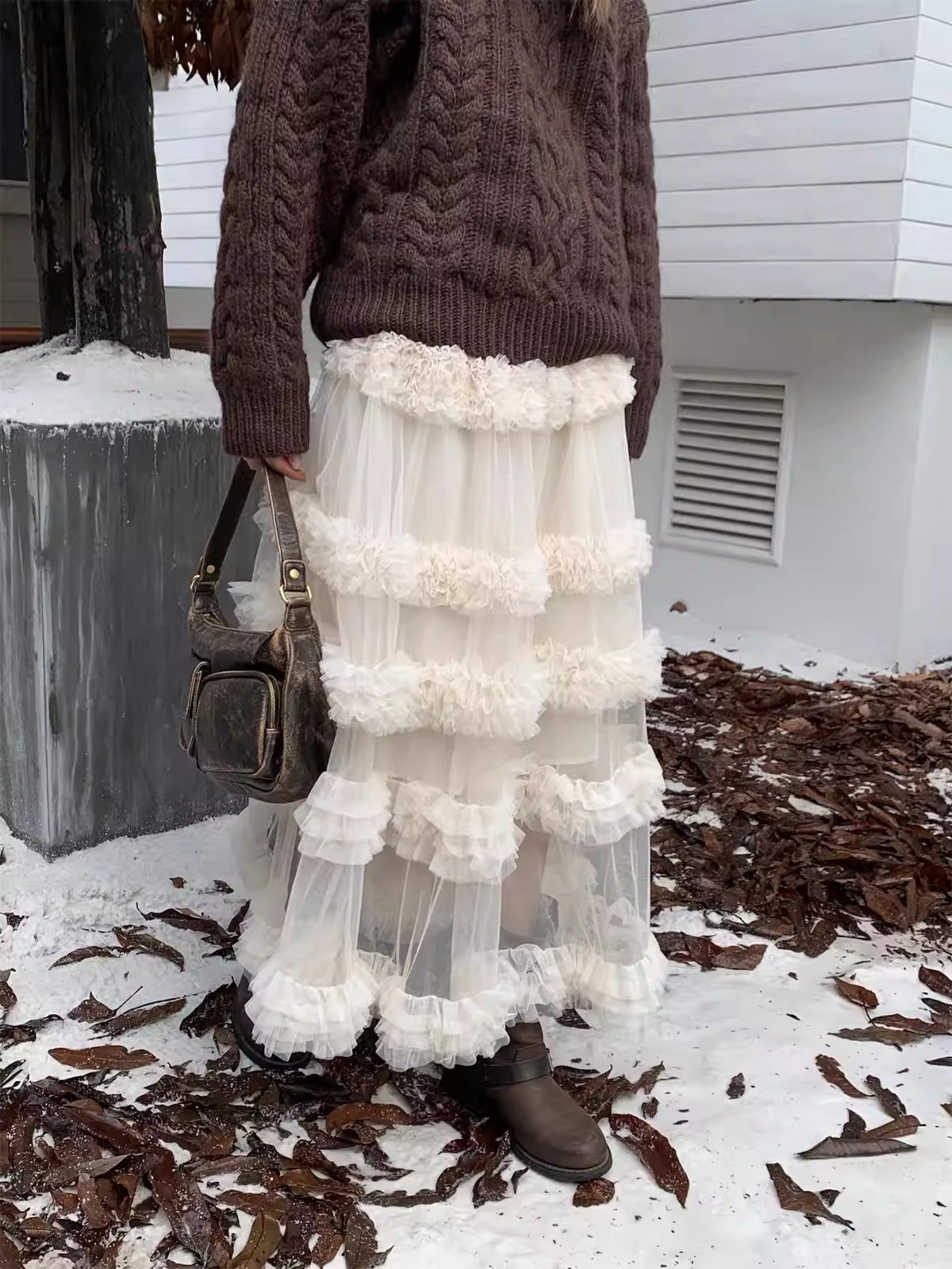 2026 High Waist A-Line Long Skirt Girls' Cake Design Sensation Slimming Effect Semi-Transparent Polyester Midi Skirt