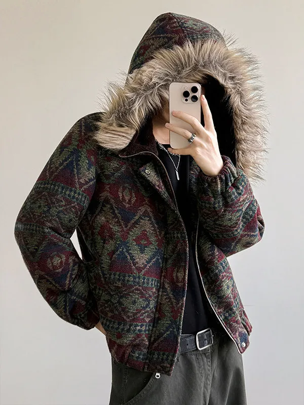 Feilao Island National Style Men's Cotton Jacket Winter Thickened Diamond Embroidery Parka Cool Outerwear Warmth Fashionable