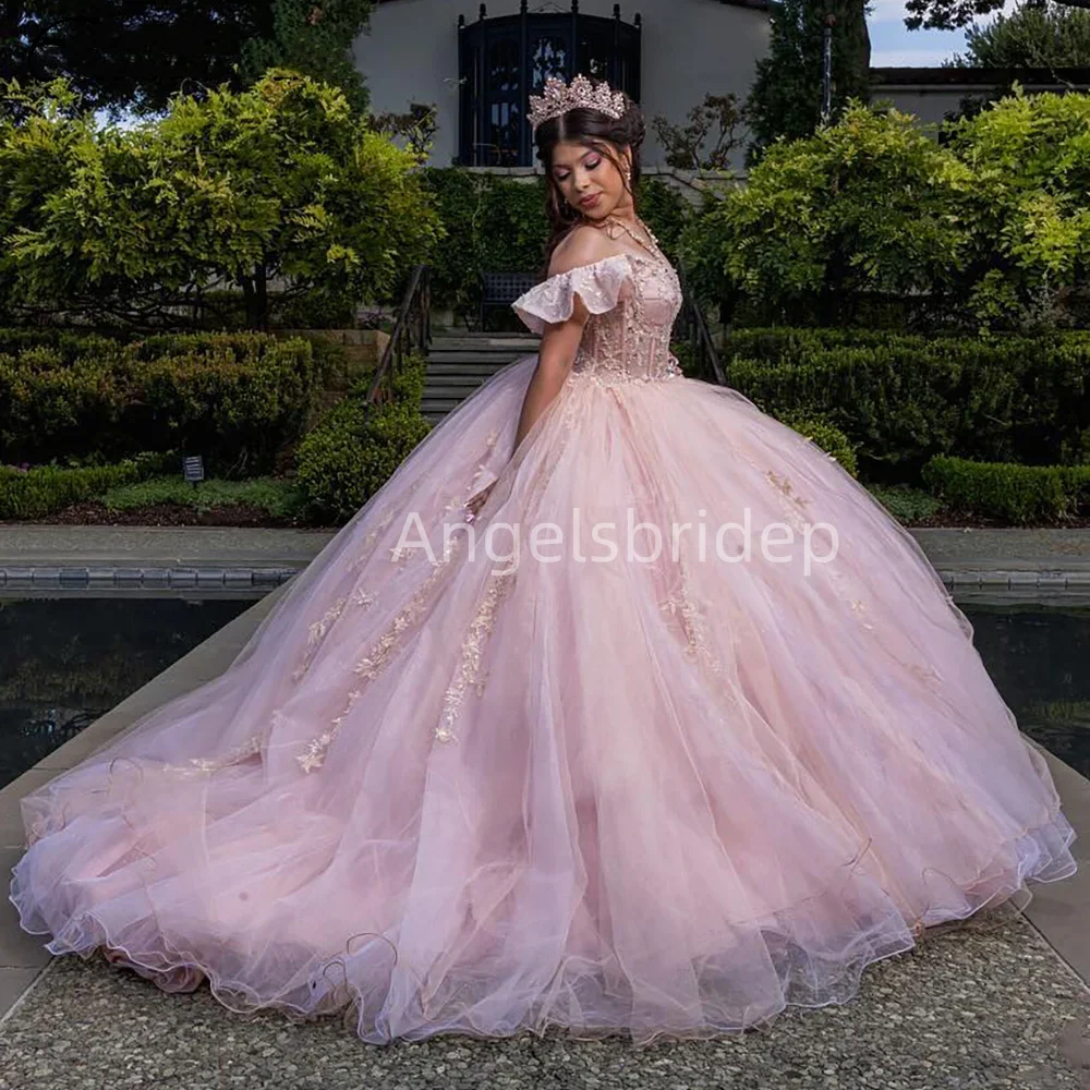 Angelsbide 15 quinceanera ชุดชุดไปงานเต้นรำประดับด้วยลูกปัดเลื่อมสีชมพู2025งานเลี้ยงวันเกิดเม็กซิโก