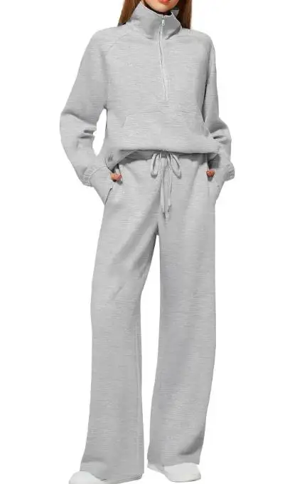 

Casual Sports Style Women's 2-Piece Set Solid Color Stand Up Collar Zipper Decoration Loose Hoodie Tie Straight Leg Pants Set