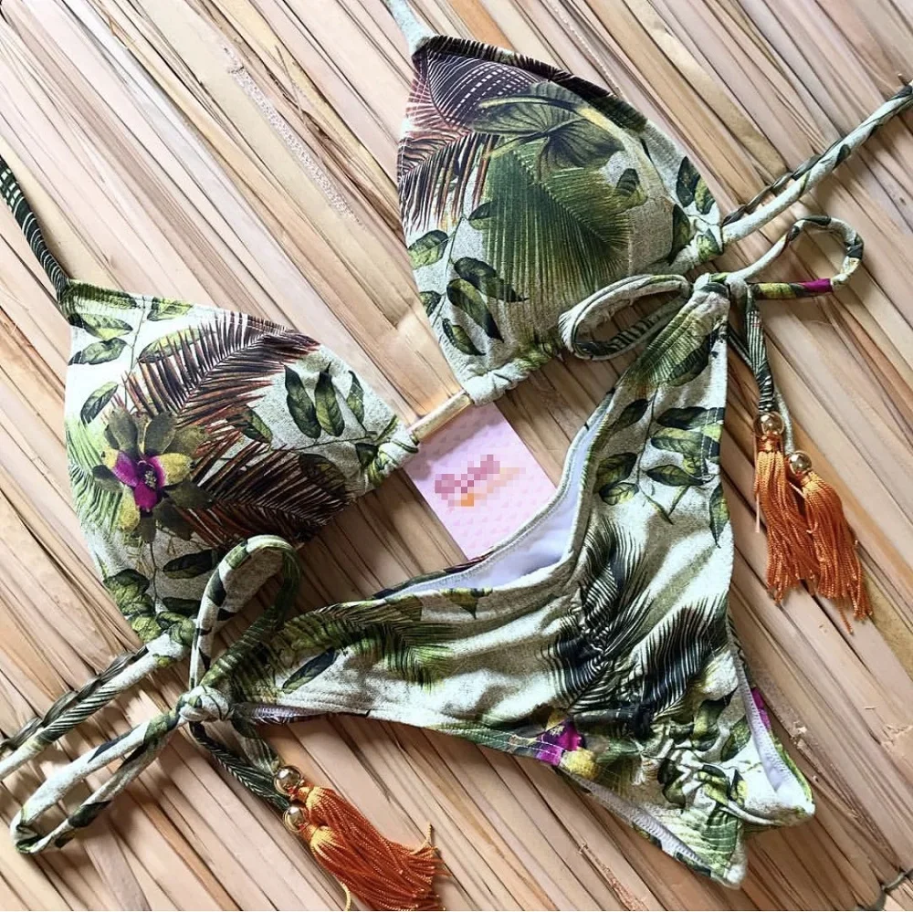 

Sexy brazilian bikini set 2020 Floral print swimsuit women Bandeau swimwear female Hollow out bathing suit Micro 2 piece suit