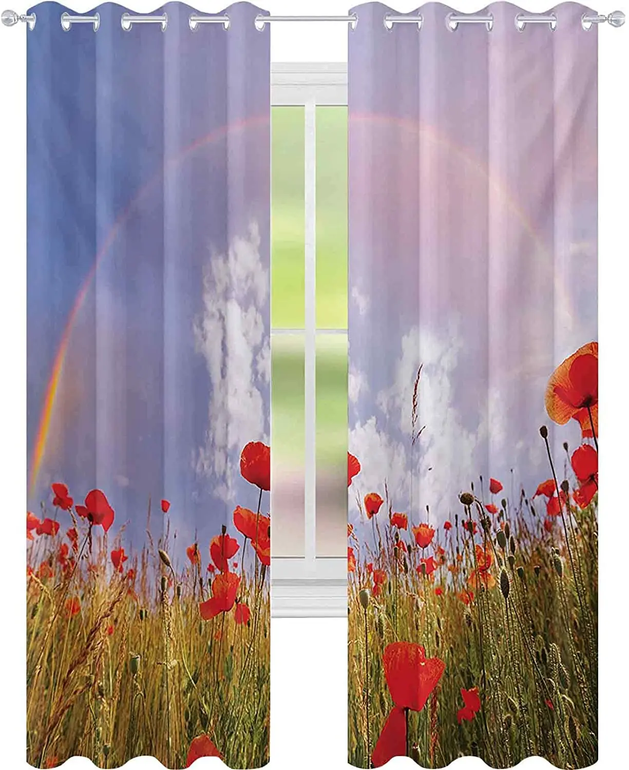 Poppy Meadow and Rainbow Reflection Blackout Curtains 3D Print Window Curtains for Bedroom Living Room Decor Window Treatments