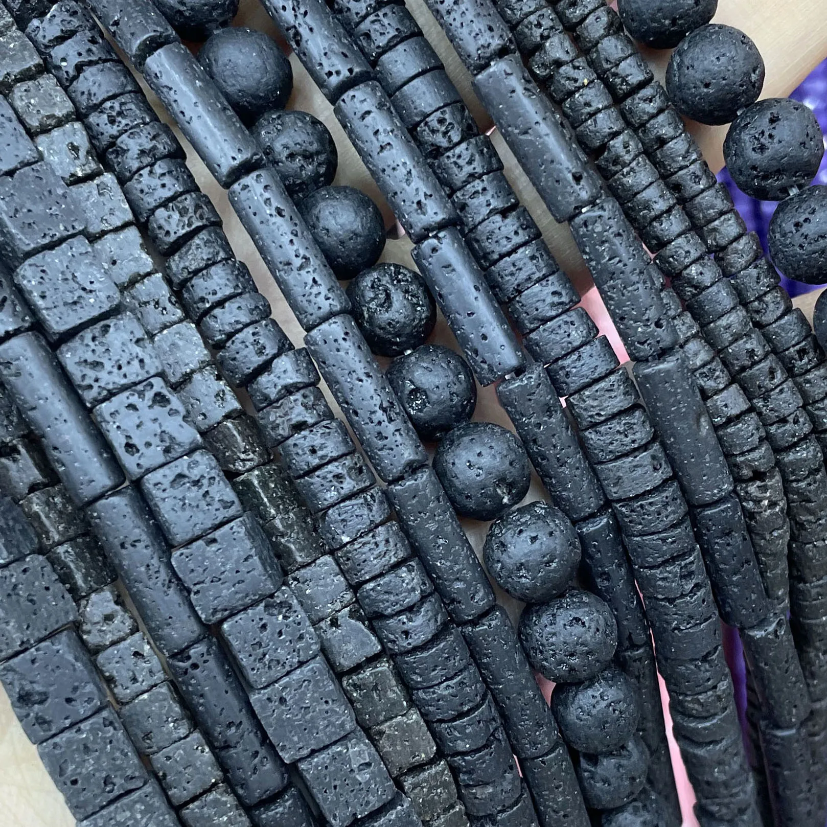 Natural Stone Black Volcanic Lava Cylinder Wheels Square Round Shape Spacer Beads For Jewelry Making Diy Bracelet Accessories