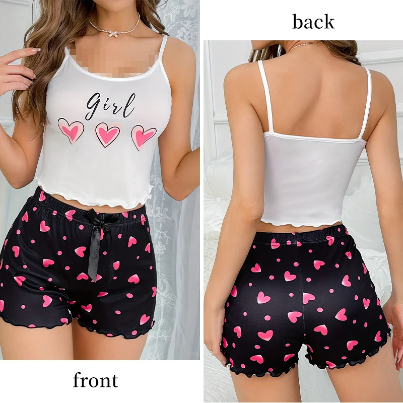 Heart-Shaped Printed Patterns Paired with Sleeveless Round Neck Suspender Top and Casual Home Shorts for Women\'s Pajama Set