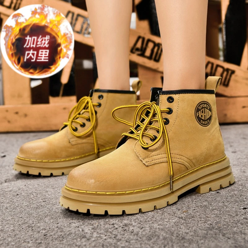 Warm Plush Lined Wheat Combat Boots Men Two Tone Patchwork Design Anti Slip Lug Sole Vintage Outdoor Winter Casual Ankle Booties
