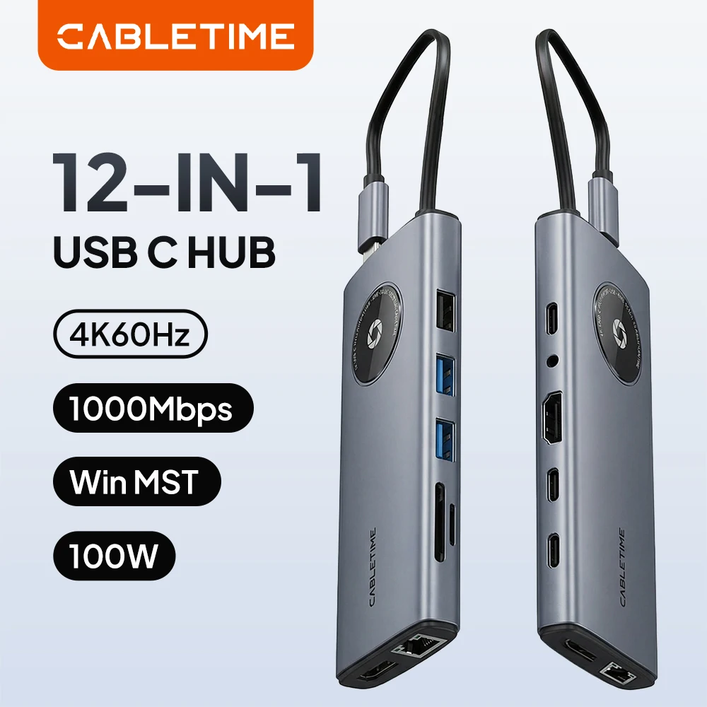 CABLETIME USB C Hub 4K HDMI Type C Hub 12 in 1 Adapter Splitter PD100W RJ45 VGA SD & TF C Dock for MacBook Pro iPad C Hub Dock