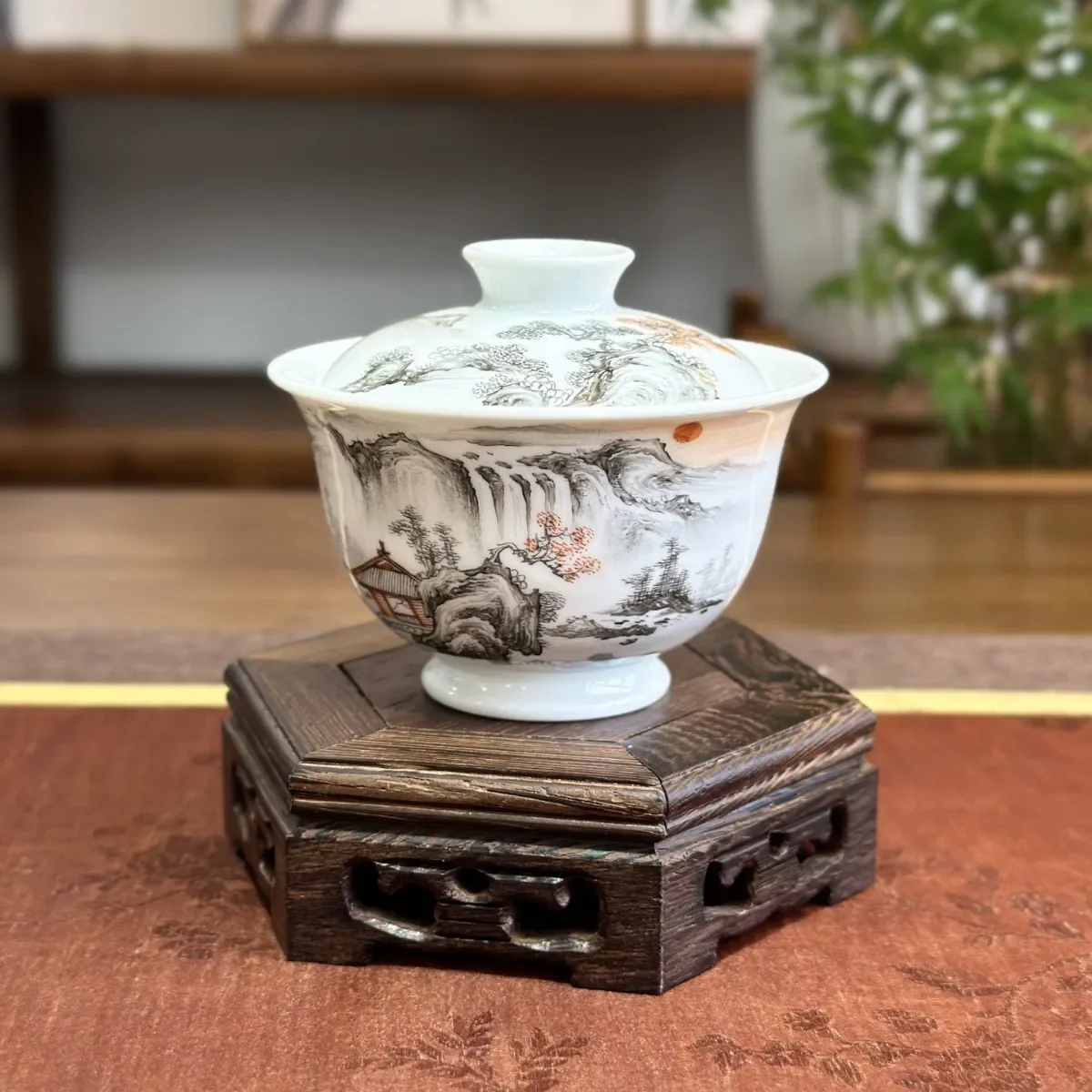 Jingdezhen ink color cover bowl pressure cup pot bearing three-piece set of intangible cultural heritage ceramics