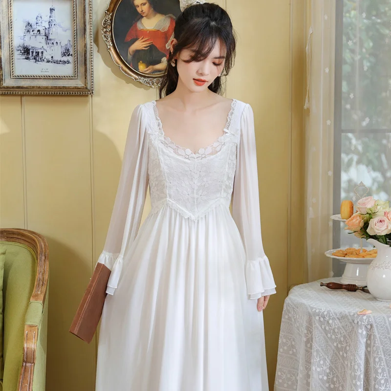 Autumn Winter Mesh Vintage Victorian Lace Long Sleeve Nightdress Princess Sleepwear Sweet Women Solid Color Nightdress