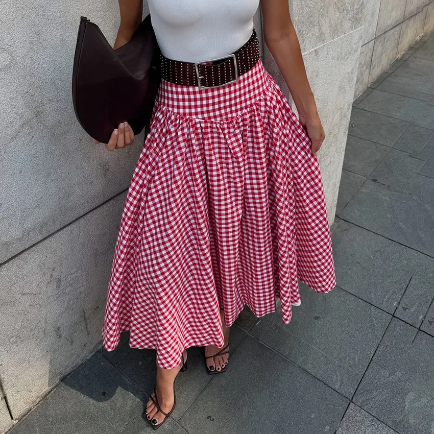 

2025 Fall Winter Pink Plaid Skirt Long Maxi A-Line Sweet Preppy Style Wool Blend Elegant Winter Skirt