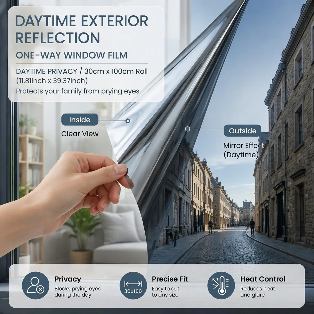 One Way Privacy Window Film Static Cling Self Adhesive Heat Control Anti Glare Removable for Bedroom Kitchen Living Room Balcony