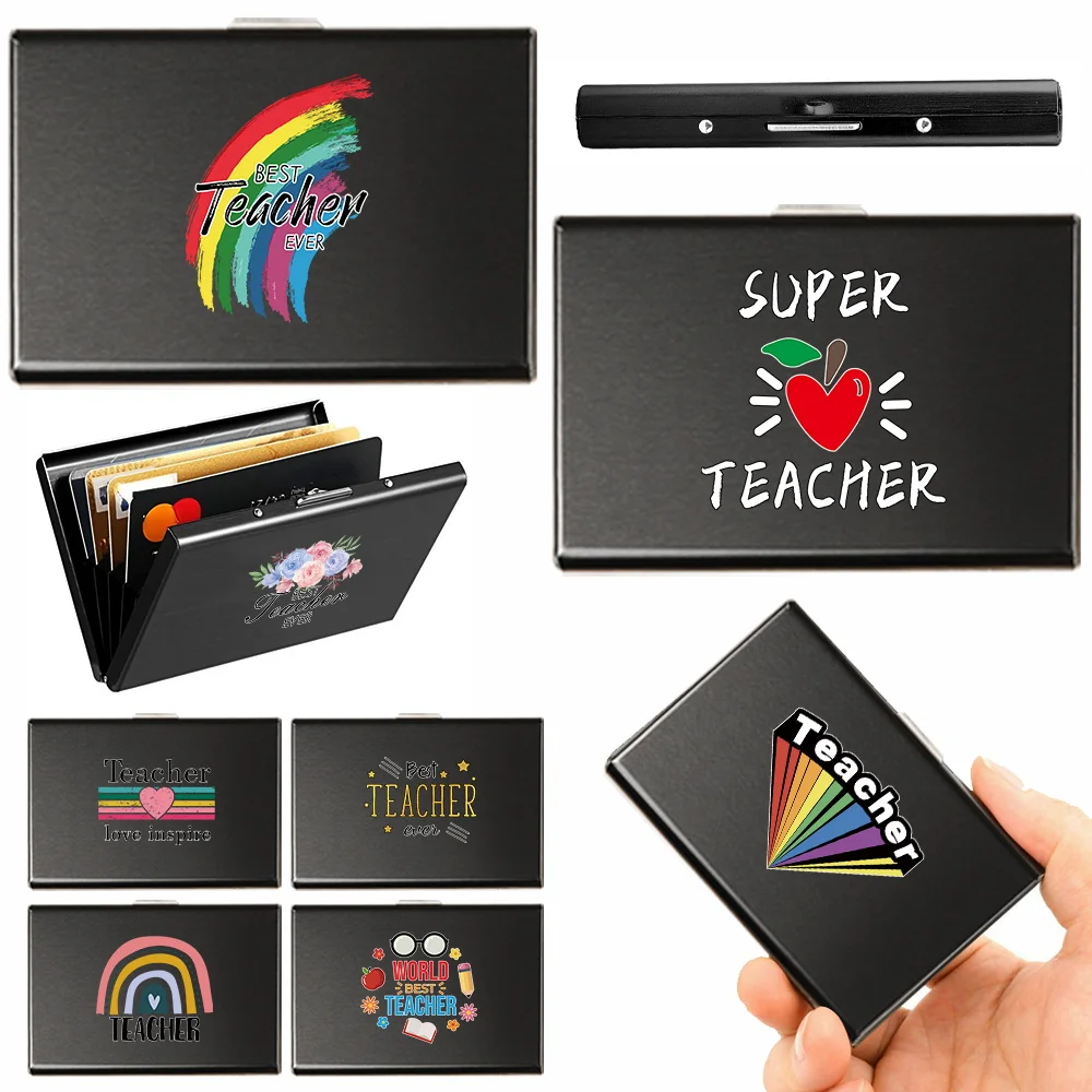 2023 New Credit ID Smart Mini Card Holder Business Purse Push Case with Cover for Men Women Teacher Pattern Printed ID Card Case