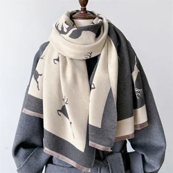 Deer Jacquard Winter Ourdoor Women Scarf Cashmere Thicken Warm Shawl Pashmina Scarves Female Double-sided Wrap Ladies