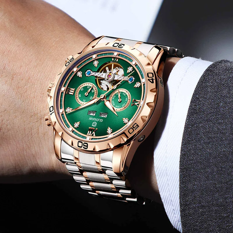 

GLENAW Year Month Sunday Многофункциональные механические часы для мужчин ТОП-роскошные водонепроницаемые светящиеся автоматические часы из нержавеющей стали