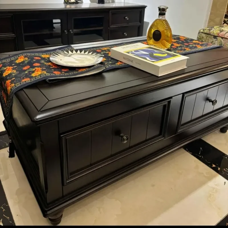 American Solid Wood Country Style Coffee Table Simple White Wax Finish Living Room TV Cabinet Tea Table Retro Small Apartment