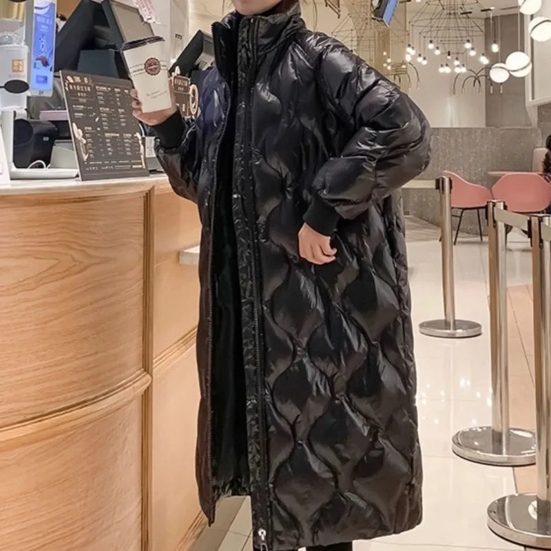  Fashion Winter Jacket Women Cotton Padded Clothes Light Middle Long Standing Collar Bright Face Streetwear Bubble Coat