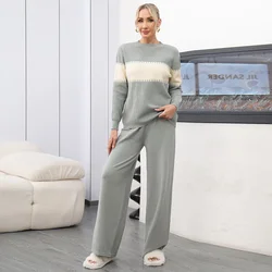 Women Two Piece Pant Sets Knit Striped Sweater Full Sleeve o Neck Wide Leg Pants Elastic Waist Solid Casual autumn winter 2024