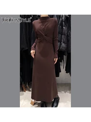 TWOTWINSTYLE Solid Slimming Knitted Dresses For Women Stand Collar Long Sleeve High Waist Designer Dress Female Fashion Style