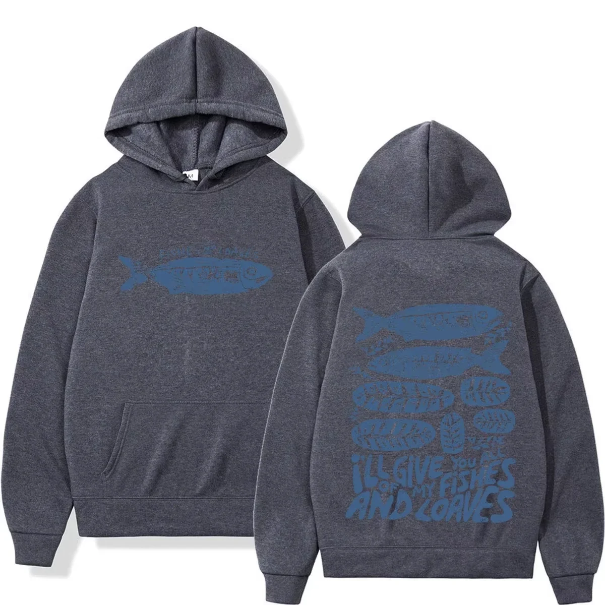 2026 Vintage Linocut Fish Bread Print Hoodie Unisex Retro Art Graphic Pullover Hooded Sweatshirt