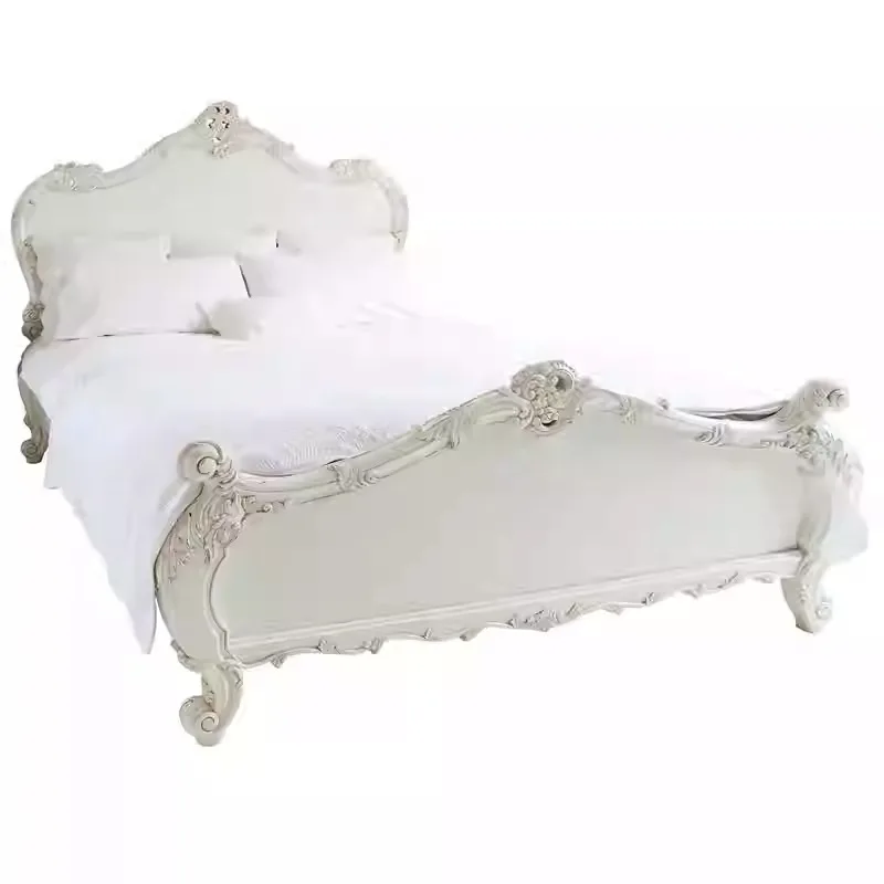 American rural antique white solid wood carving double bed French retro carving 1.5/1 meters princess bed furniture