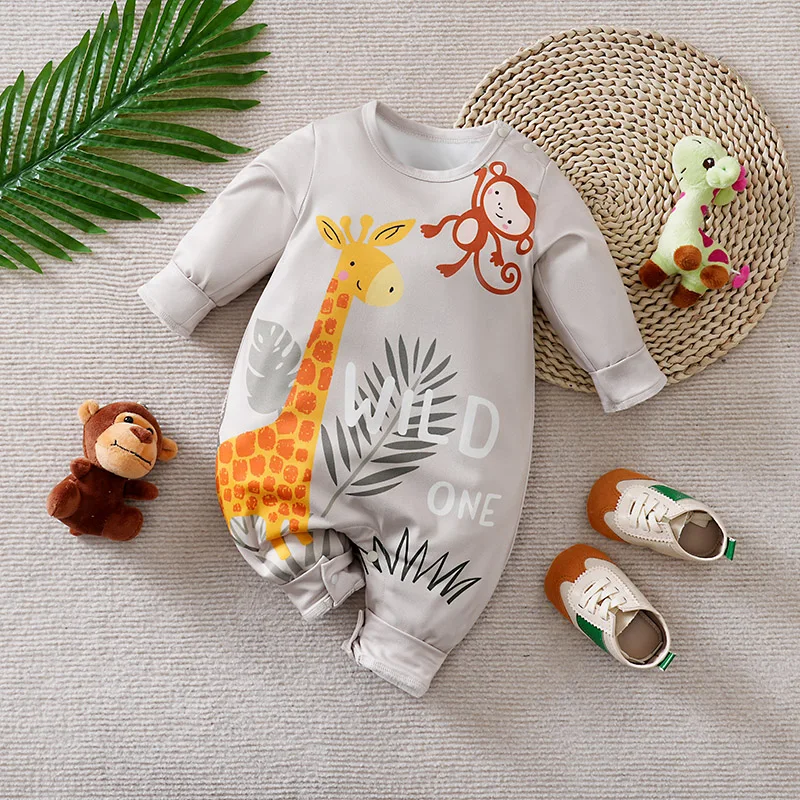 Baby Clothes Cute Cartoon Giraffe Monkey Print Comfortable 0-18 Boys And Girls Spring And Autumn Long Sleeved Baby Jumpsuit